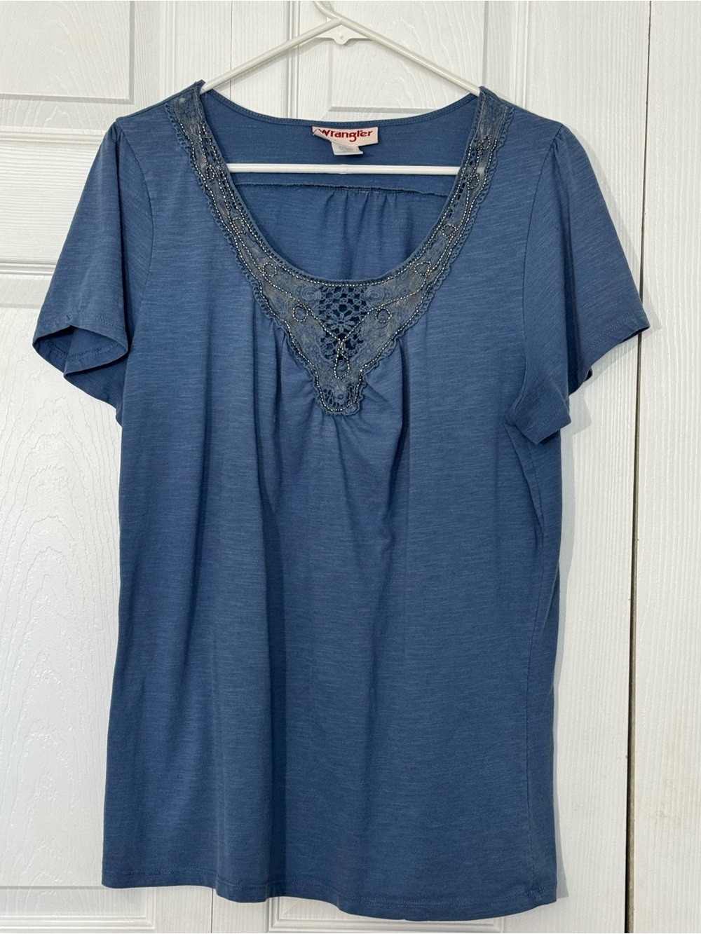 Wrangler Blue Slub Knit Crochet Lace Beaded Scoop Neck Short Sleeve Top XL